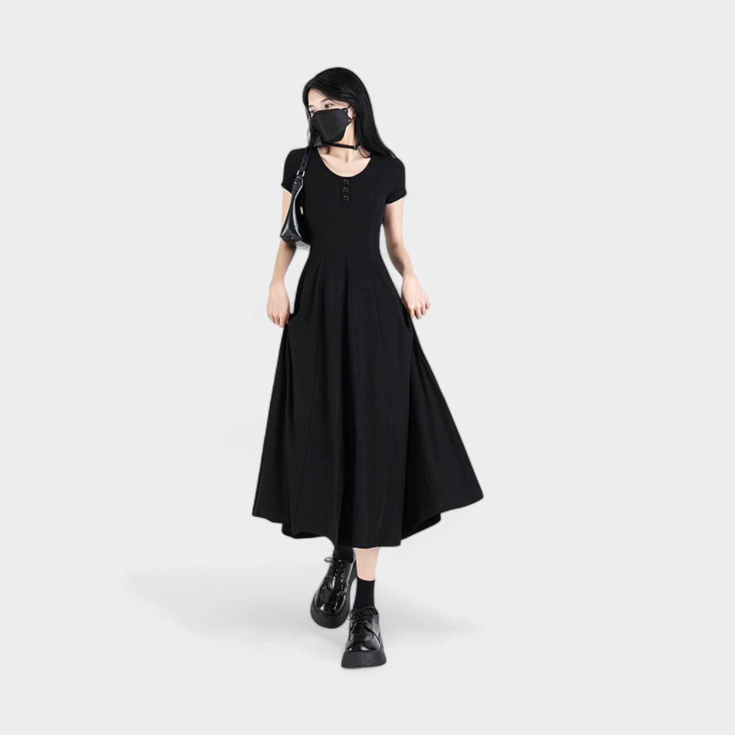 Orange Silk Women's Wear# Design Sense Black Short Sleeve U-Neck dress Women's Summer Small Waist Slimming Black Dress Long Dress