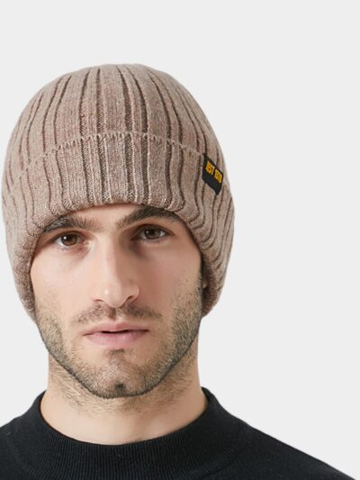 Knitted hat men's winter double-layer thickened fleece-lined ear protection warm hat solid color versatile casual high elastic wool hat