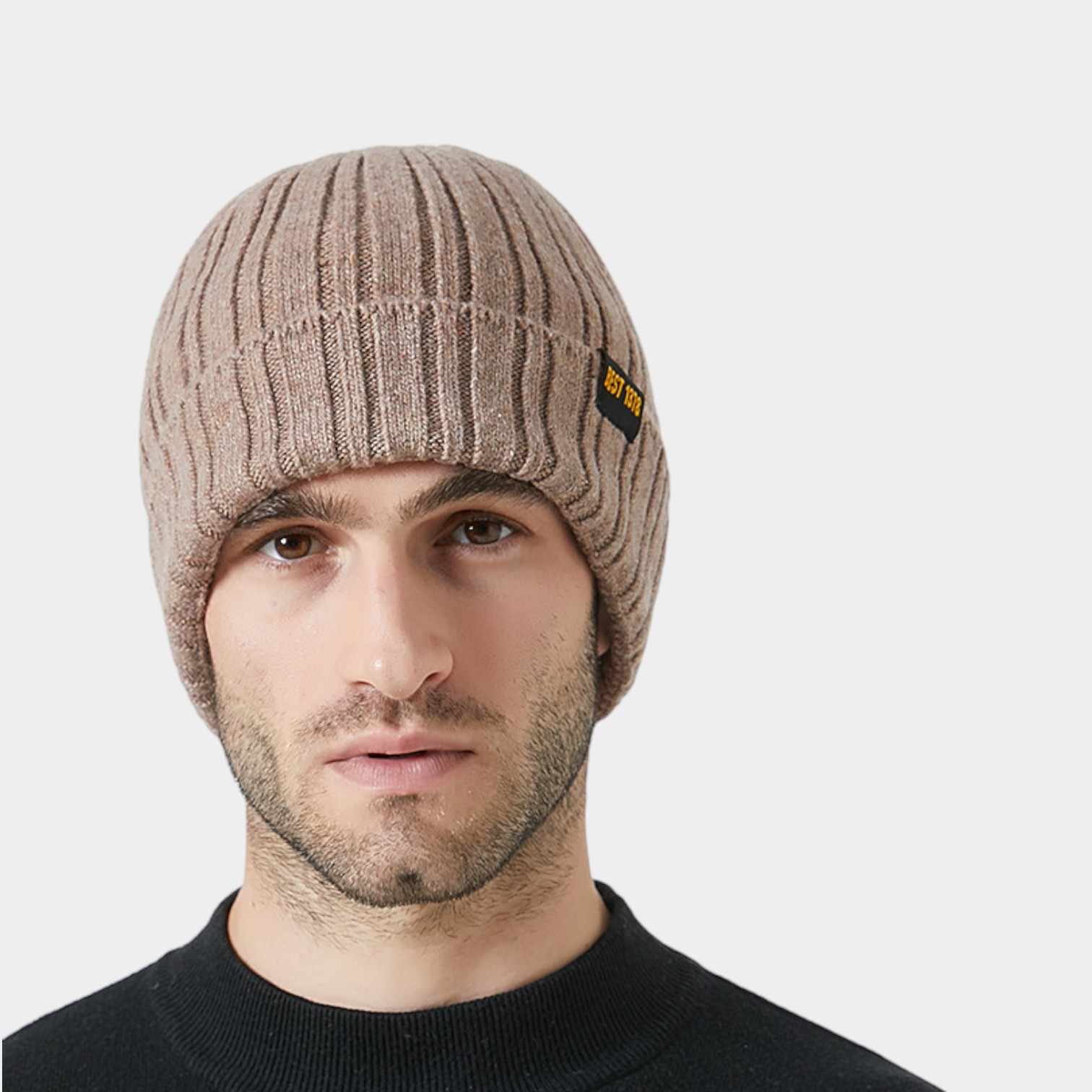 Knitted hat men's winter double-layer thickened fleece-lined ear protection warm hat solid color versatile casual high elastic wool hat