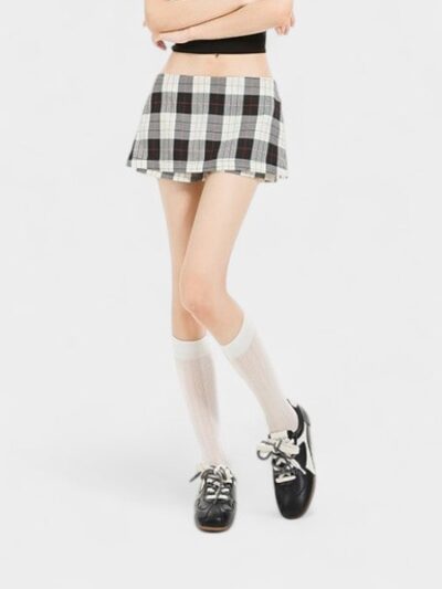 Orange Silk Women's Clothing # Black and White Contrasting Plaid Design Casual Skirt for Women Summer Miu Style Slimming Look Culottes Short Style