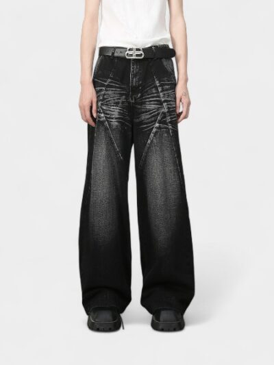 Nirben Denim | American High Street Washed Stereo Cut Stitching Jeans Men's Loose Straight Wide Leg Pants