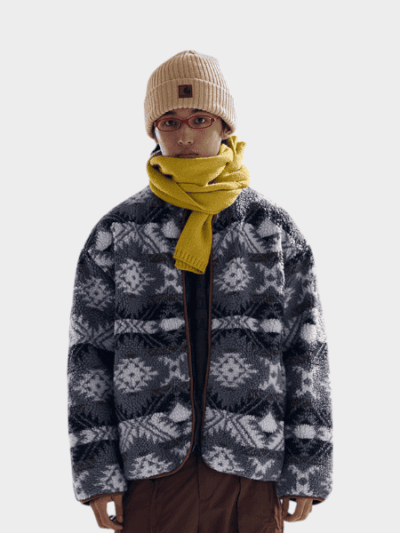 American Retro Double-sided Fleece Jacket Indian Pattern Contrast Collar fleece-lined Jacket for Men and Women