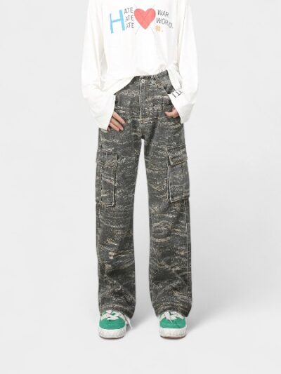 Nirben Denim | American High Street Old Big Pocket Loose Straight Camouflage Crane Jeans Casual Pants