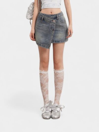 Orange Silk Women's Clothing # Irregular Skirt for Women Summer American Retro Sexy A-Line Hip-Covering Fake Two-Piece Denim Skirt