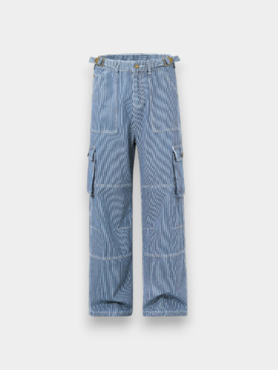 Orange Silk Women's# American Niche Striped Straight Tooling Jeans Unisex Multi-Pocket Loose Floor Pants