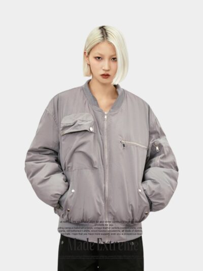 MADEEXTREME Autumn and Winter Simple Style Solid Color Loose Street Retro Thin Bomber Jacket Coat for Men and Women