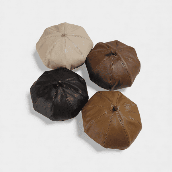 High-grade sense PU octagonal cap women's autumn and winter new beret designer niche retro solid color leather bud hat