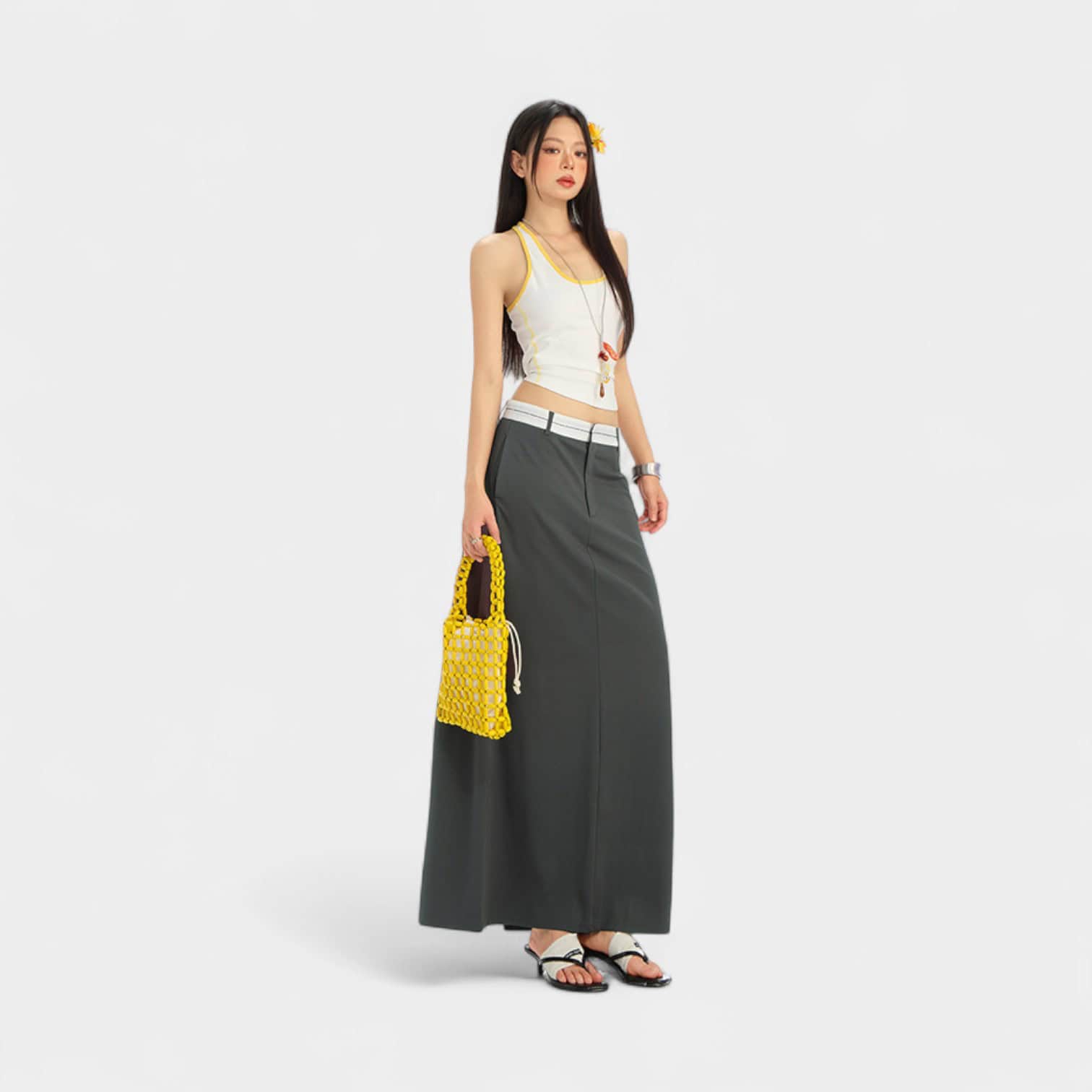 Orange Silk Women's Clothing # Gray Suit Skirt Women's New American Style High Waist Slit Straight Hip-Covering A-Line Mid-Length Skirt