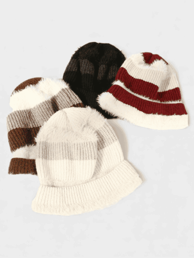 Autumn and Winter New Contrast Color Knitted Hat Women's Fashion All-match Big Head Heap Hat Ear Protection Warm Wool Hat for Small Face