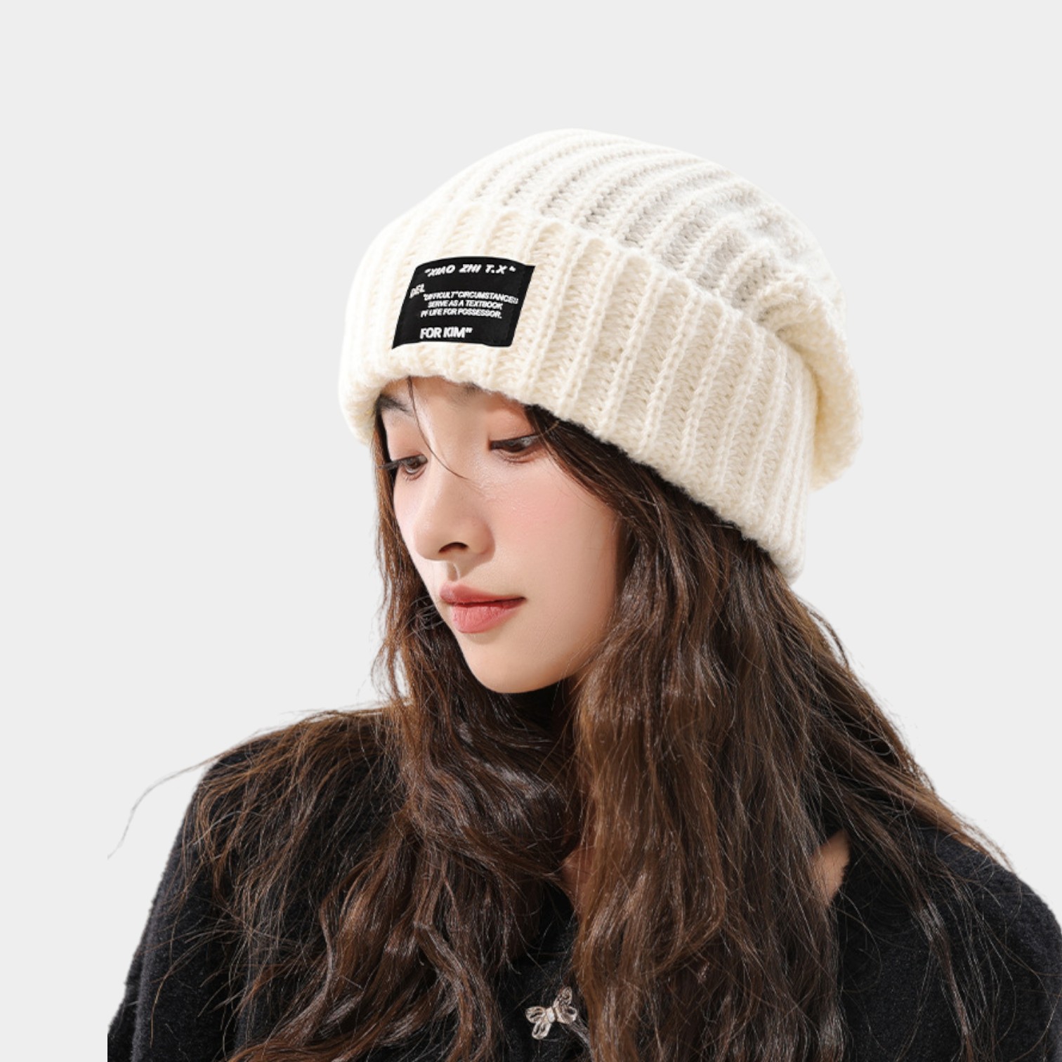 Japanese style lazy style woolen hat women's winter ear protection all-match cloth logo face small pullover warm knitted hat in stock
