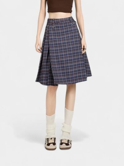 Orange Silk Women's Clothing # Korean Preppy Style Retro Plaid Skirt Women's Summer Pleated Skirt A-Line Blue Plaid Skirt
