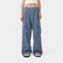 Orange Silk Women's# American Niche Striped Straight Tooling Jeans Unisex Multi-Pocket Loose Floor Pants