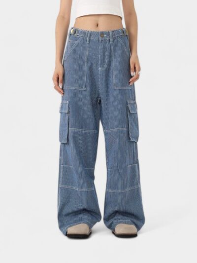 Orange Silk Women's# American Niche Striped Straight Tooling Jeans Unisex Multi-Pocket Loose Floor Pants