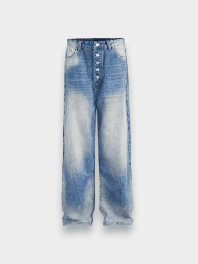 MADEEXTREME Summer Basic Washed Blue Cat Whiskers Embroidered Flower Straight Loose Casual Jeans Trousers