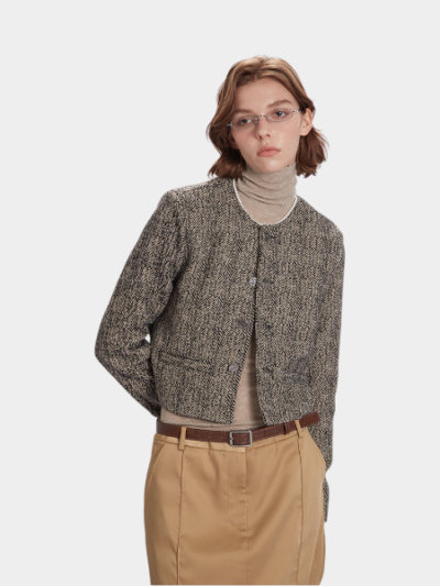 Damen Mantel mit Fischgrätenmuster und langen Ärmeln