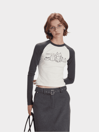 Damen Anime/Cartoon Print Langarm T-Shirt