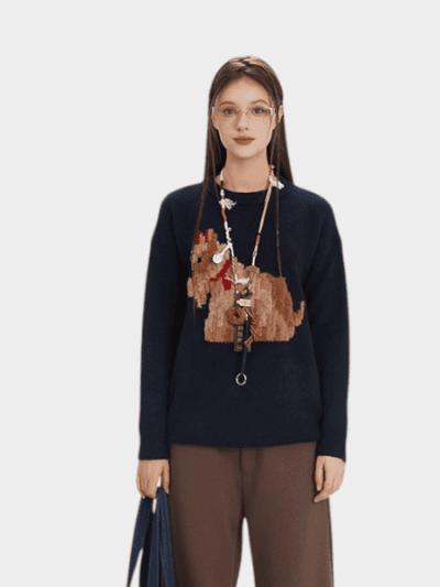 Damen Strickpullover mit Tiermuster und langen Ärmeln