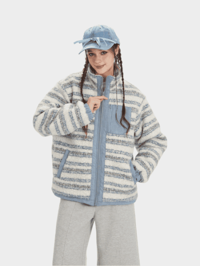 Gestreifte Fleecejacke für Damen mit langen Ärmeln