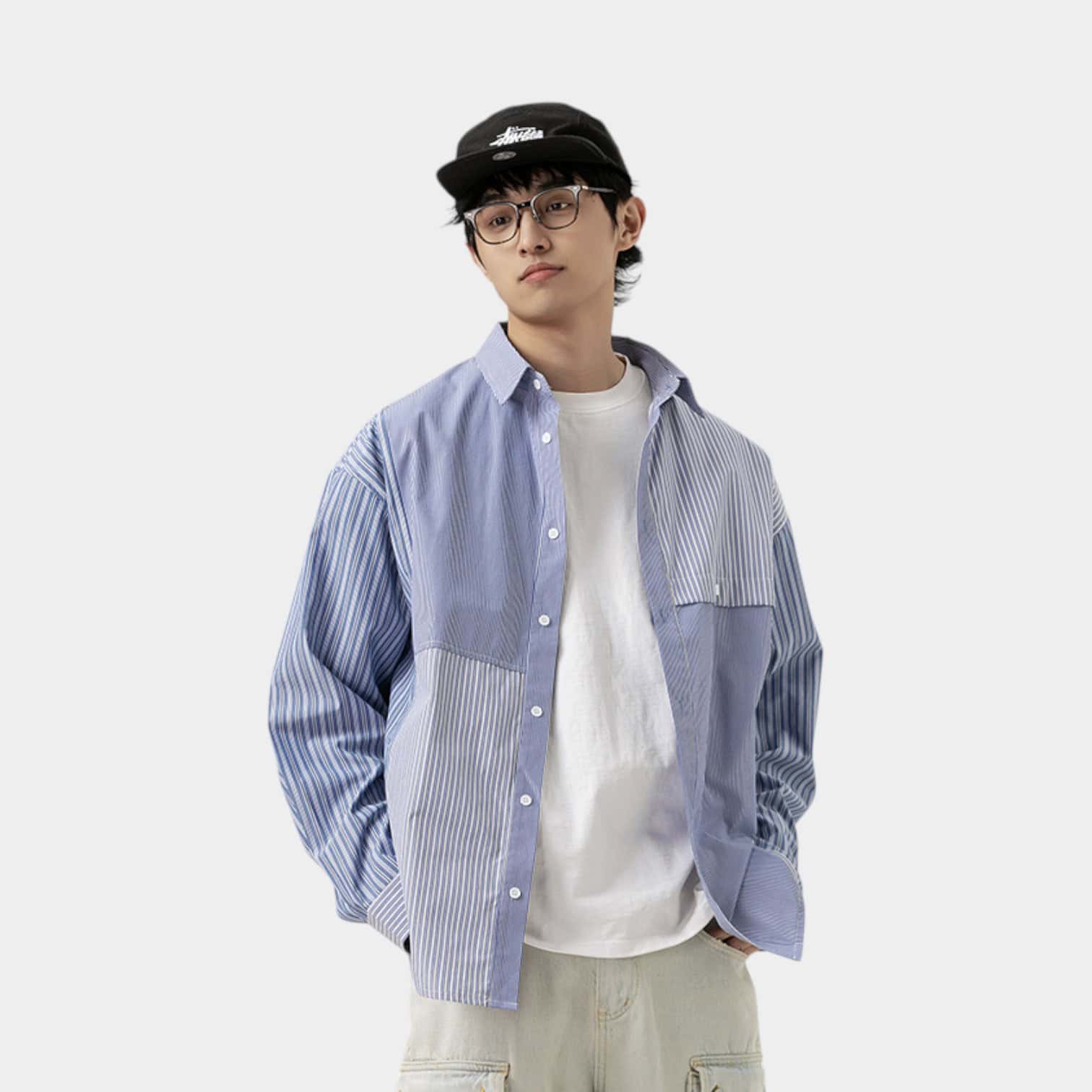 Daily commuter contrast color fashion brand stitching couple long-sleeved shirt spring and autumn men's and women's ins neutral style casual BF shirt