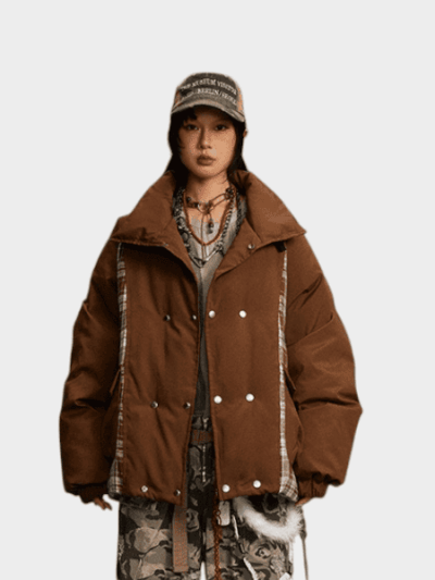 Damen Steppjacke mit Karomuster und langen Ärmeln