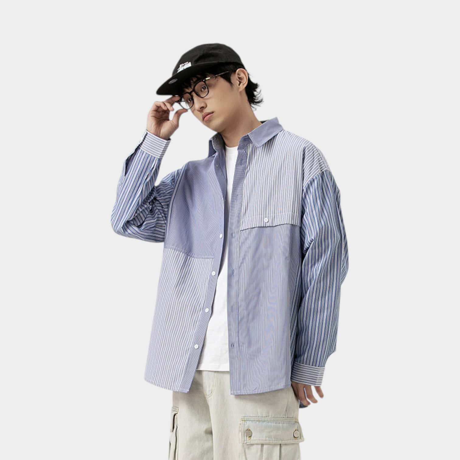 Daily commuter contrast color fashion brand stitching couple long-sleeved shirt spring and autumn men's and women's ins neutral style casual BF shirt