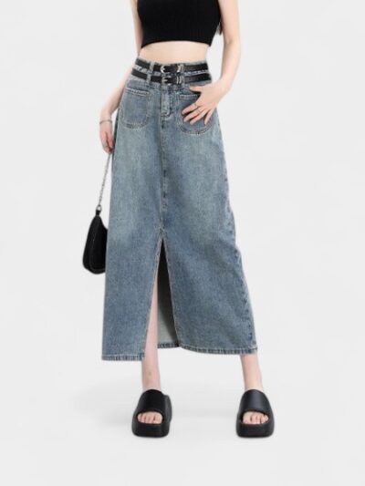 Double Belt Vented Denim Skirt Women's A- line 2025 Summer Dress New Style Old Double Buckle High Waist Slimming Hip Skirt