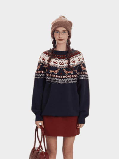 Damen Strickpullover mit Tiermuster und langen Ärmeln