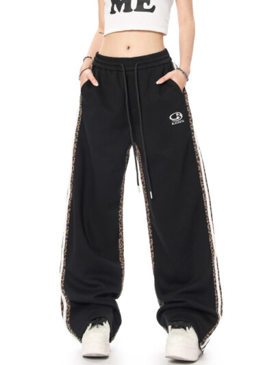 OREETA Leopard Print Stitching Heavy Pants Men's and Women's American Street Fashion Sports Pants Straight Leg Casual Pants Cross Border