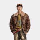 Herren Lederjacke mit Textdruck und langen Ärmeln