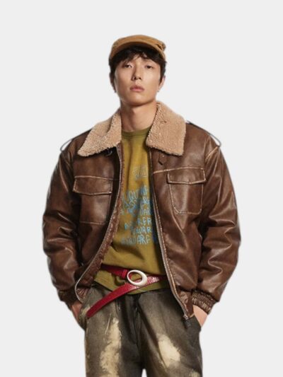 Herren Lederjacke mit Textdruck und langen Ärmeln