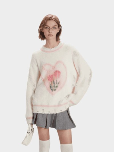 Damen Strickpullover mit Blumenmuster und langen Ärmeln