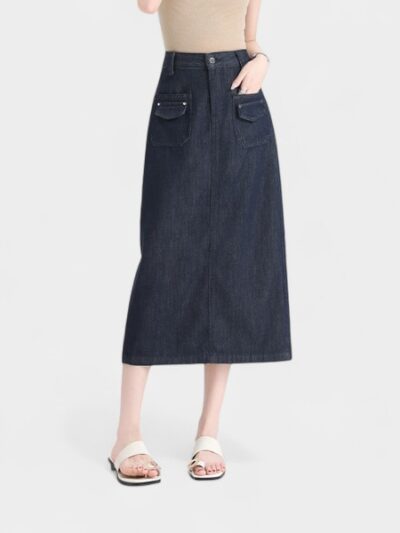 Summer Tencel Thin Back Slit Original Color Blue Anti-Fading Skirt 3D Flap Pocket Pants American Workwear Original Cow Color Long Skirt