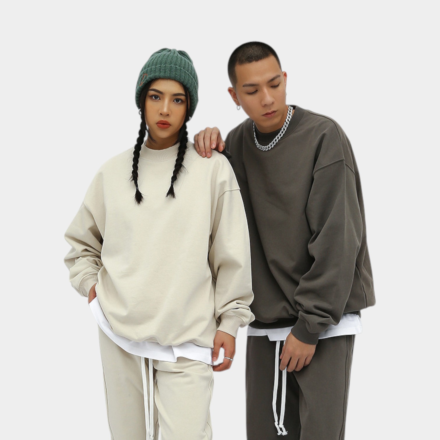 Rfsd Men's Wear | 2023 New Autumn and Winter 420g Heavy Terry Beauty Trendy High Street Loose Round Neck Pure Color Sweatshirt