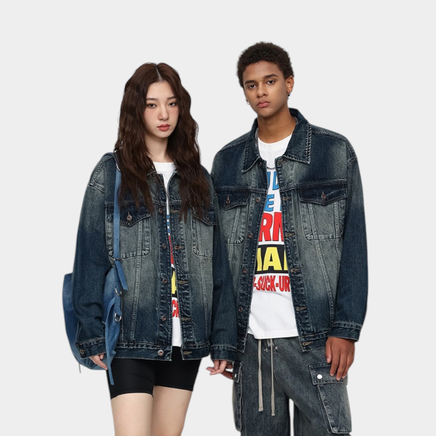 Unisex Jeansjacke mit Textdruck und langen Ärmeln