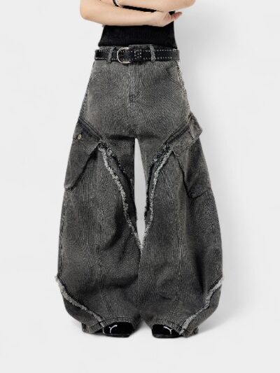 OREETA丨American retro silhouette scimitar jeans for men and women, niche design, raw edge, distressed wide-leg trousers