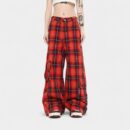Oreeta丨American Retro Red Plaid Casual Pants for Men and Women with Elastic Waist Straight Casual Loose and Versatile Pants