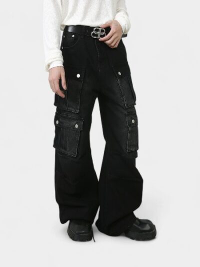 nirben Denim | American retro overalls men's jeans high street loose straight design wide leg trousers