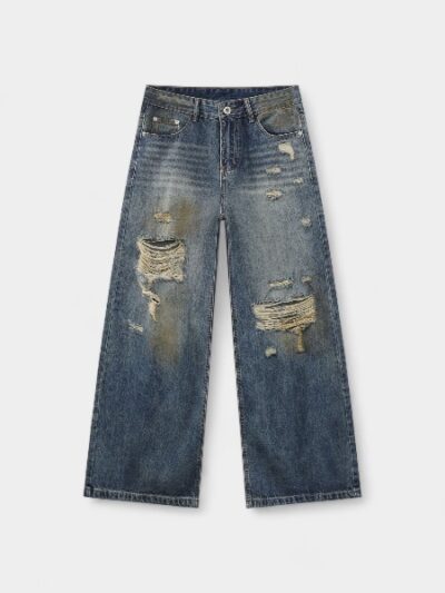 Nirben Denim | American Retro Hole Design Mop Jeans Men's Washed Loose Straight Wide Leg Pants Trendy
