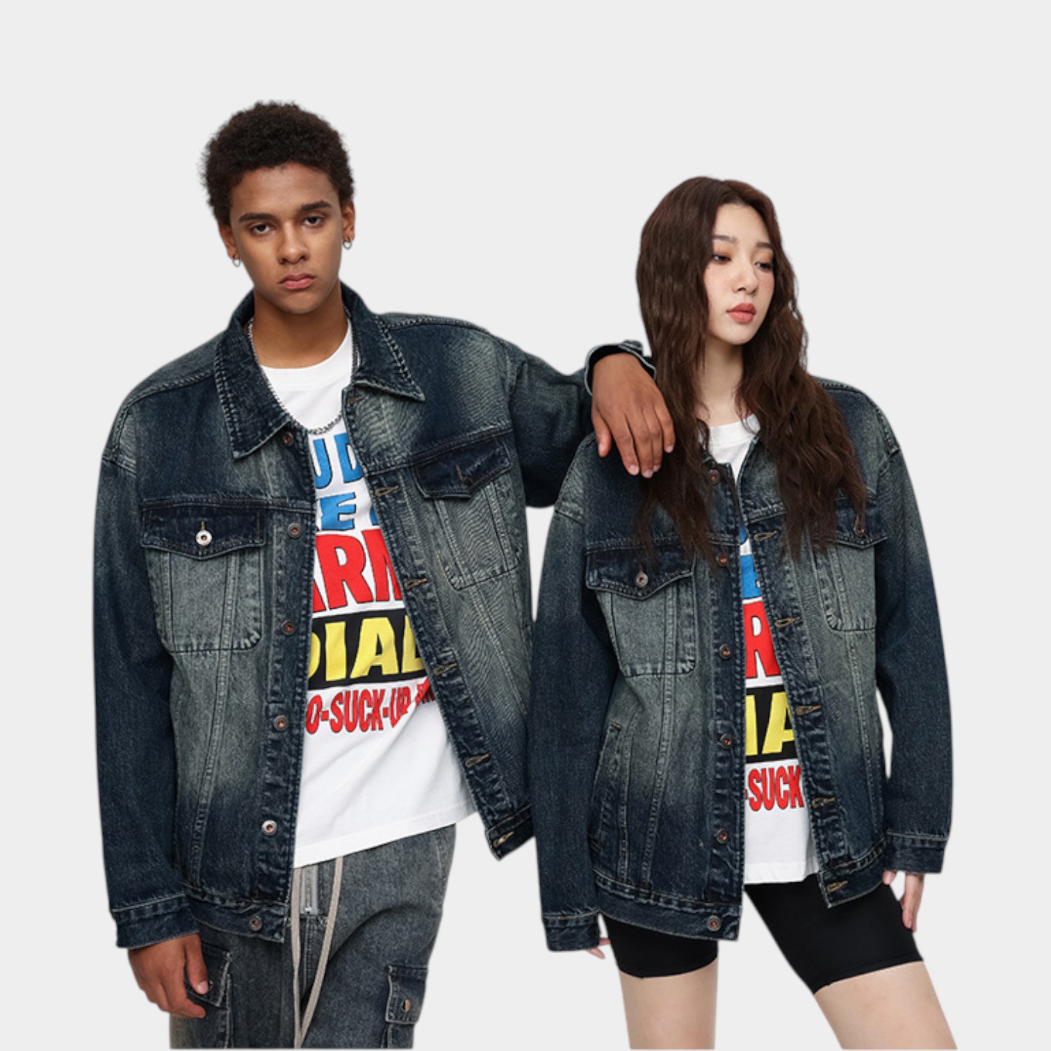Unisex Jeansjacke mit Textdruck und langen Ärmeln – Bild 3