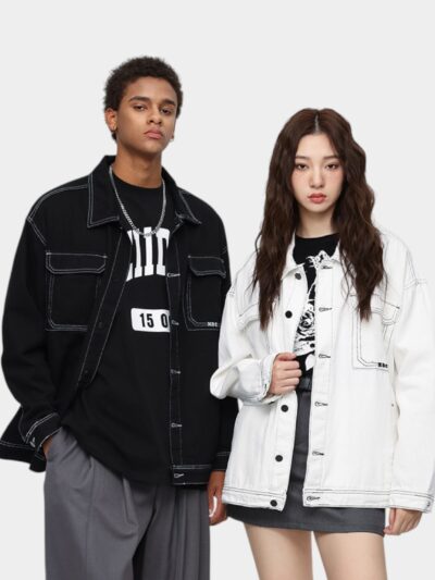 Laike Men's Jacket with Topstitch Design, Denim Jacket for Autumn, Versatile Workwear Jacket, Trendy Loose Denim Jacket for Men