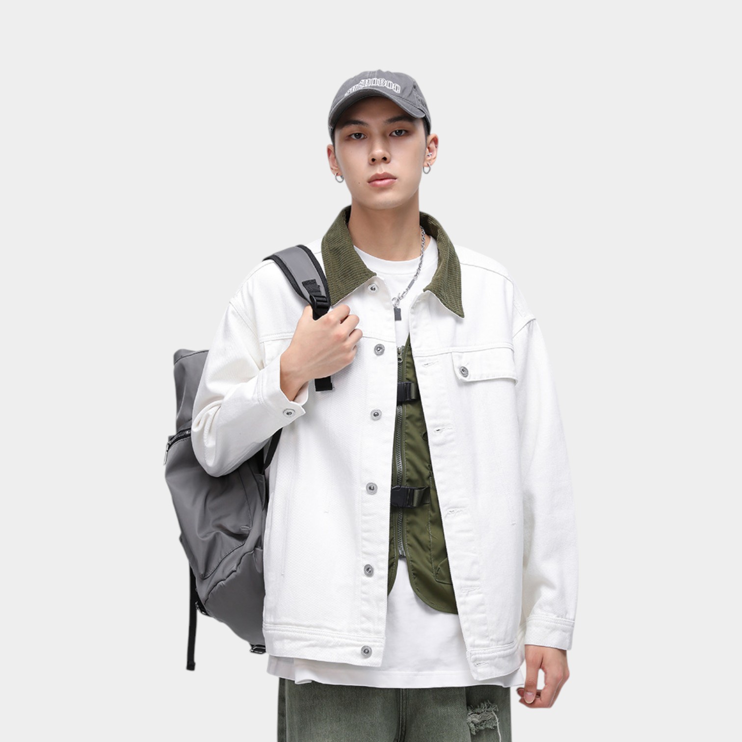 Contrast color lapel denim jacket for men spring and autumn new American style handsome trendy brand all-match white jacket men's tops