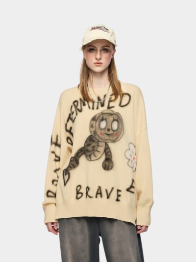 Unisex Strickpullover mit künstlerischem Druck und langen Ärmeln