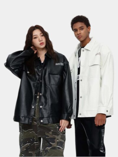 Unisex Lederjacke mit Textdruck und langen Ärmeln