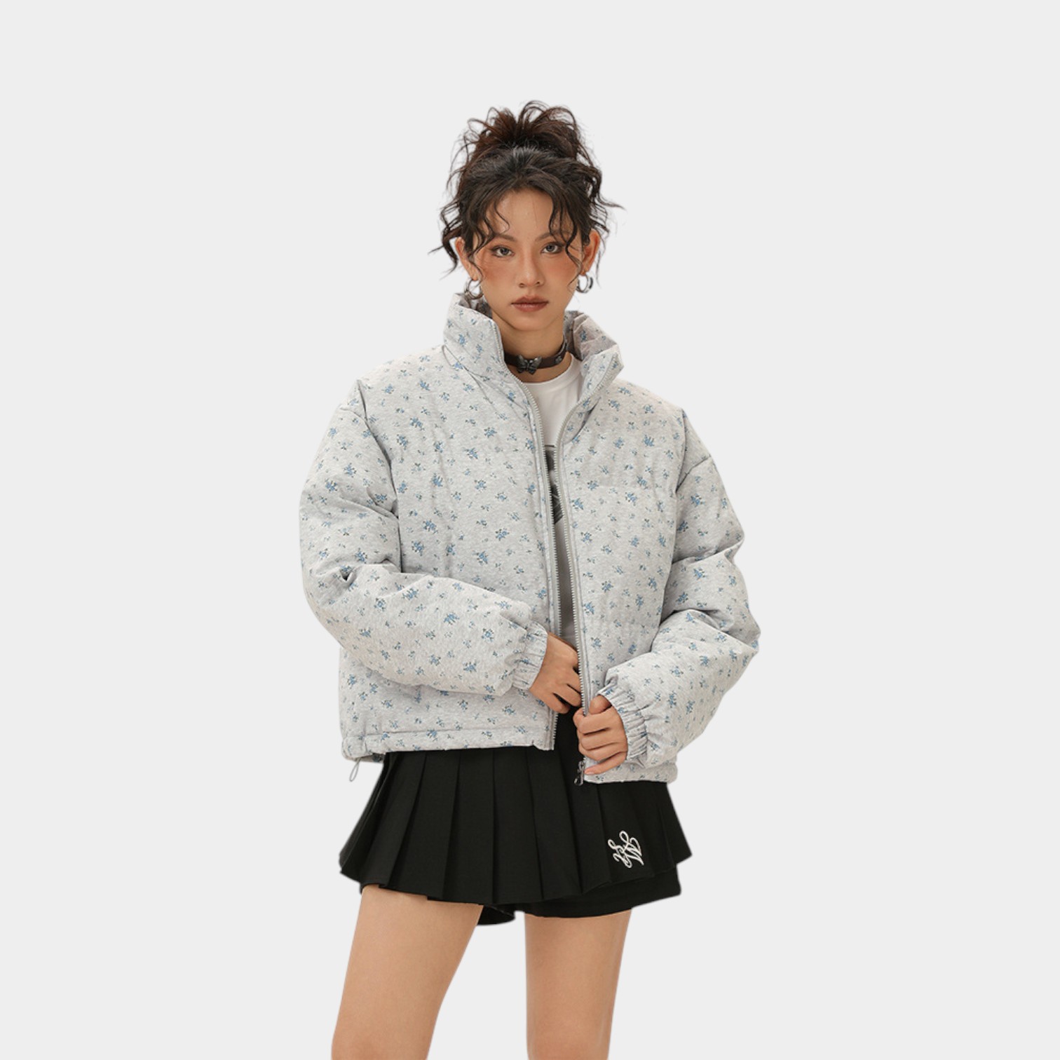 Damen Steppjacke mit Blumenmuster und langen Ärmeln